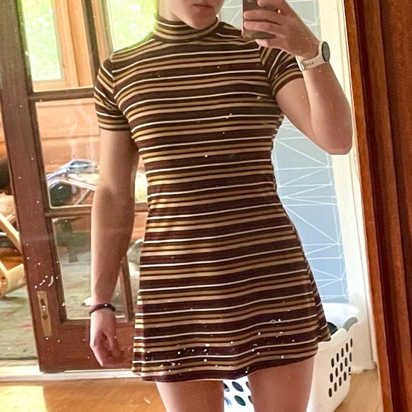 Forever 21 Striped Maroon and Gold Ribbed Mock Turtleneck Dress - Picture 2 of 6